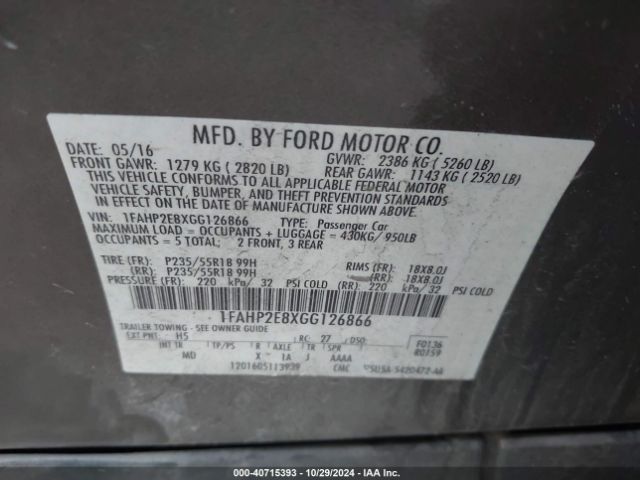 1FAHP2E8XGG126866 Ford TAURUS SEL