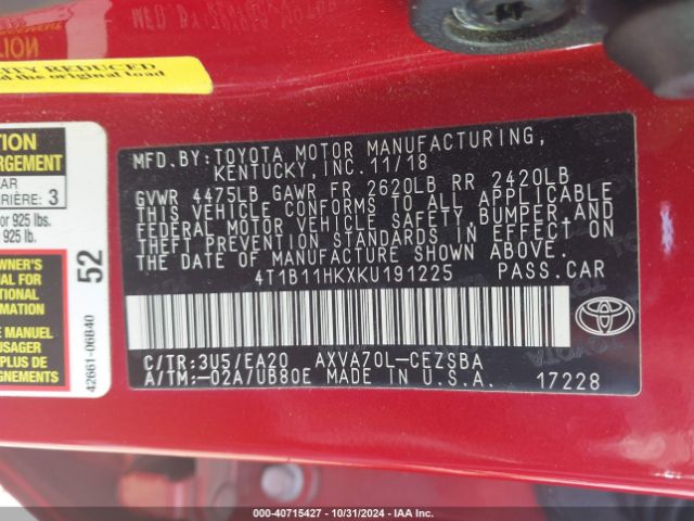 4T1B11HKXKU191225 Toyota CAMRY SE