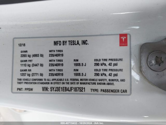 5YJ3E1EB4JF187521 Tesla Model 3 Long Range/performance