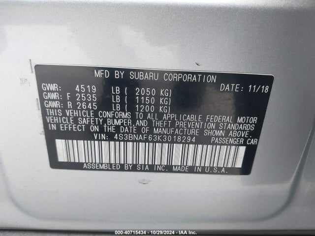 Subaru Legacy 2.5i Premium 2019 4S3BNAF63K3018294 Image 9