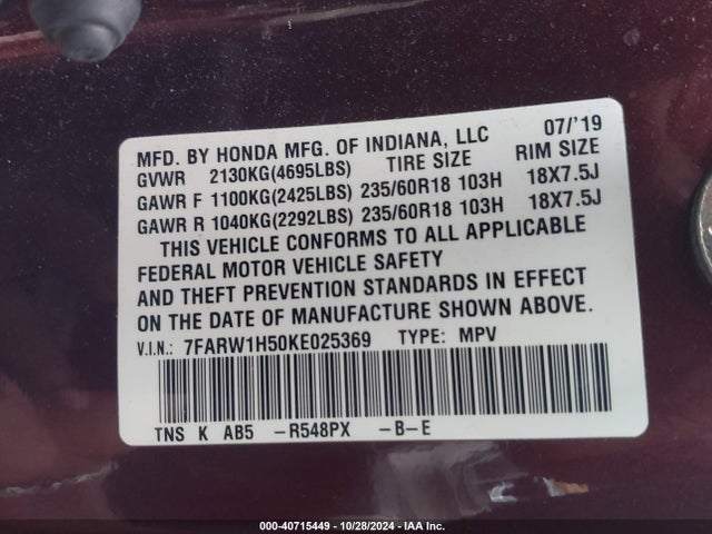 Honda CR-V EX 2019 7FARW1H50KE025369 Image 9