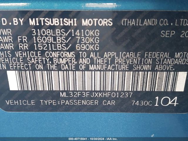 ML32F3FJXKHF01237 Mitsubishi Mirage G4 Es