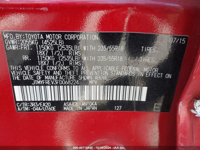 Toyota Rav4 Limited 2015 JTMYFREV3FD068224 Image 9
