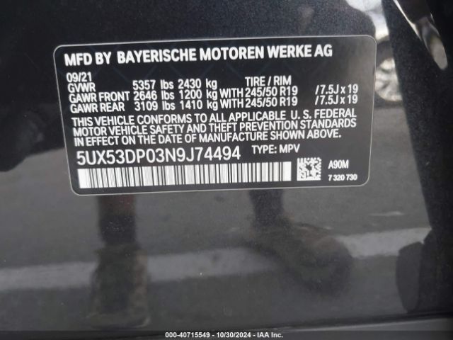 5UX53DP03N9J74494 BMW X3 Xdrive30i
