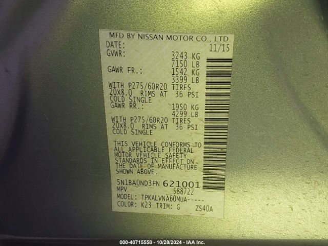 5N1BA0ND3FN621001 Nissan Armada Sl