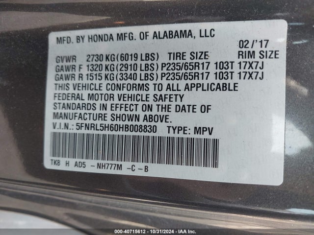 Honda Odyssey Ex-l 2017 5FNRL5H60HB008830 Image 9