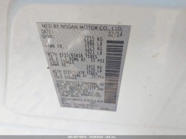 5N1AR2MM8EC665149 Nissan Pathfinder Platinum/s/sl/sv