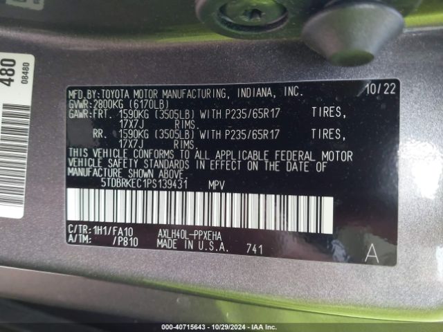 5TDBRKEC1PS139431 Toyota SIENNA LE