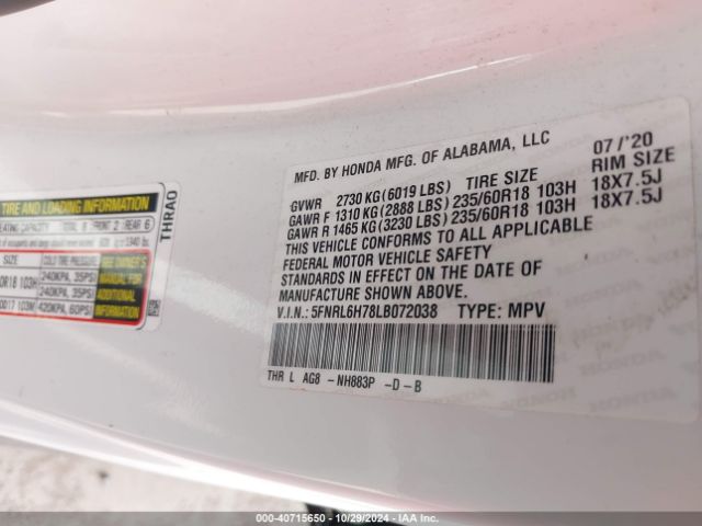5FNRL6H78LB072038 Honda Odyssey Ex-l/ex-l W/navi   Res