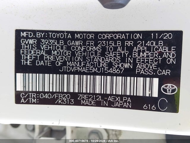Toyota COROLLA LE 2021 JTDVPMAE5MJ154867 Image 9
