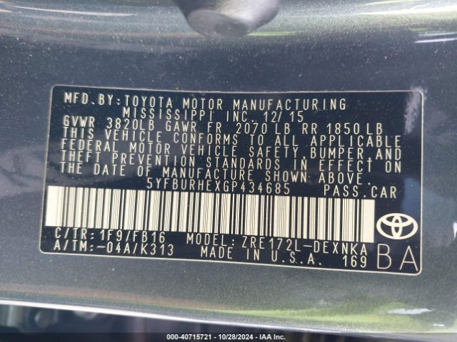 5YFBURHEXGP434685 Toyota Corolla Le Plus