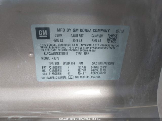 KL4CJASB4KB701012 Buick Encore Fwd Preferred