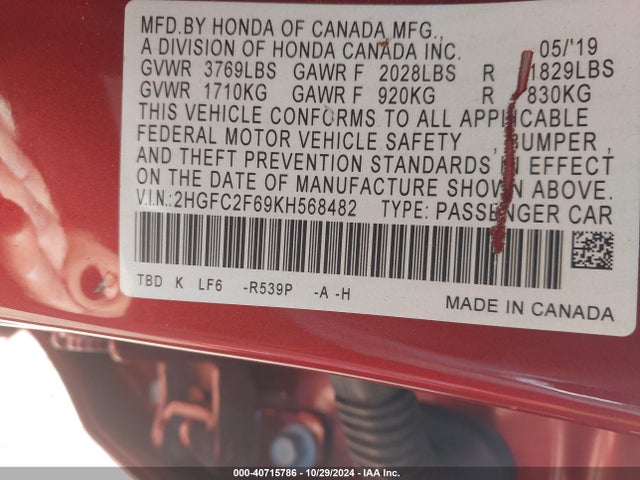 Honda Civic Lx 2019 2HGFC2F69KH568482 Image 9