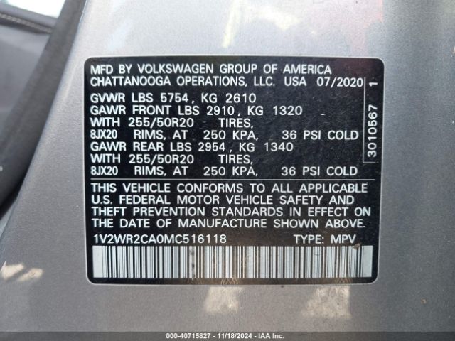 1V2WR2CA0MC516118 Volkswagen Atlas 3.6l V6 Se W/technology