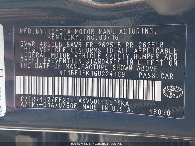 Toyota CAMRY SE 2016 4T1BF1FK1GU224169 Image 9
