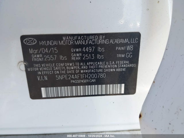 Hyundai SONATA SE 2015 5NPE24AF1FH200780 Image 9