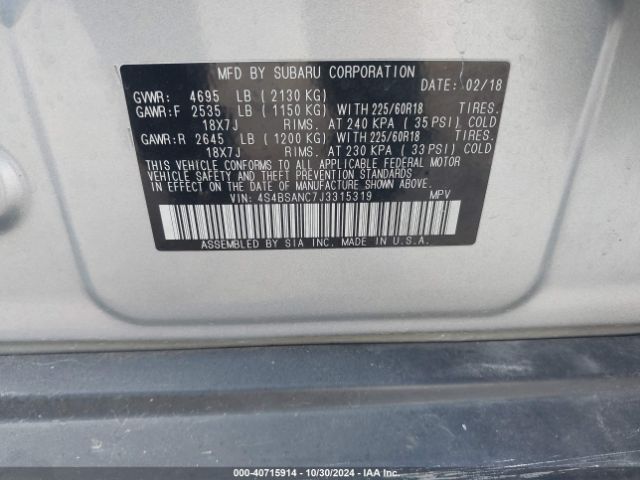 4S4BSANC7J3315319 Subaru Outback 2.5i Limited