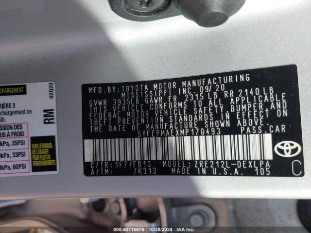 5YFEPMAEXMP170493 Toyota COROLLA LE