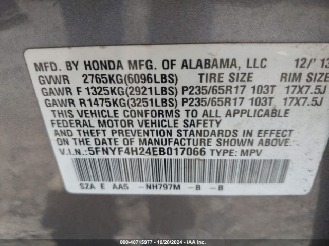 5FNYF4H24EB017066 Honda PILOT LX