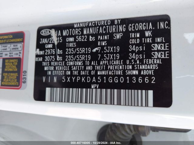 5XYPKDA51GG013662 KIA Sorento 3.3l Sxl