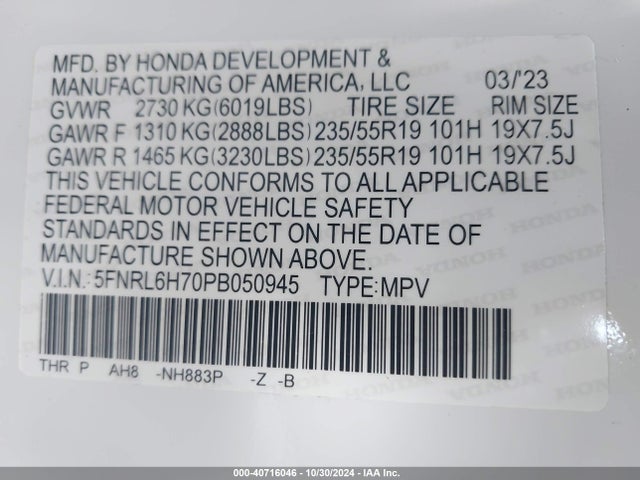 5FNRL6H70PB050945 Honda Odyssey Sport