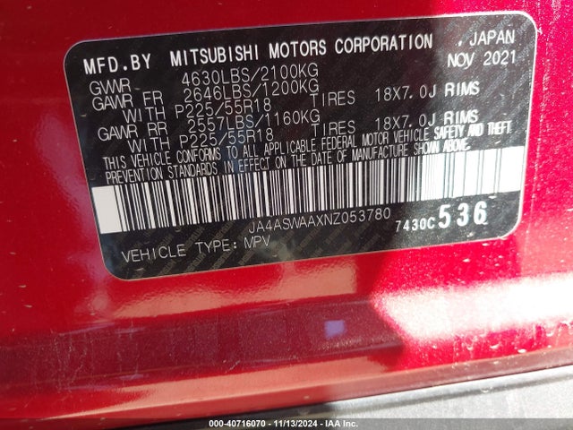 JA4ASWAAXNZ053780 Mitsubishi Eclipse Cross Se/se Special Edition/sel/sel Special Edition