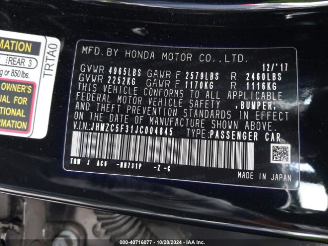 JHMZC5F31JC004845 Honda Clarity Plug-in Hybrid Touring