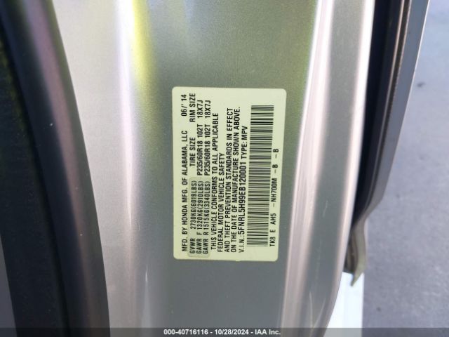 5FNRL5H99EB120001 Honda Odyssey Touring/touring Elite