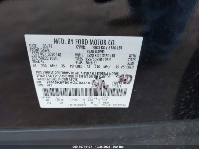 Ford Explorer Limited 2017 1FM5K8F80HGC92419 Image 9