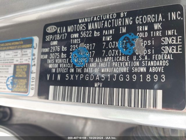5XYPGDA51JG391893 KIA Sorento 3.3l Lx