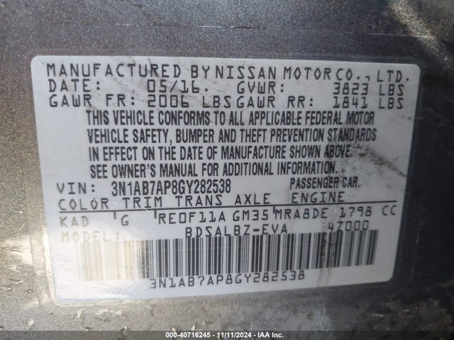 Nissan SENTRA S 2016 3N1AB7AP8GY282538 Image 9