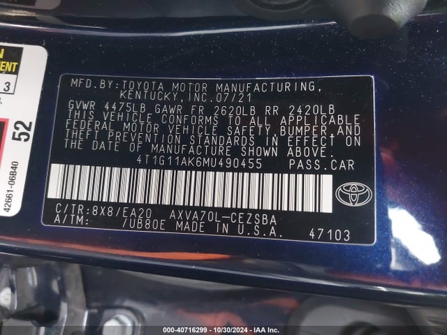 Toyota CAMRY SE 2021 4T1G11AK6MU490455 Image 9