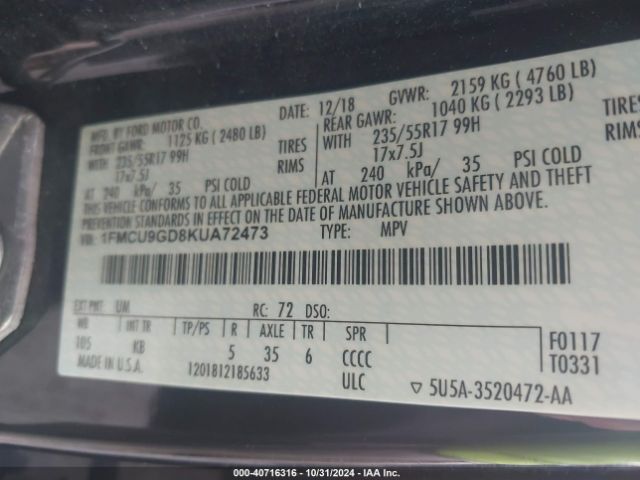 Ford ESCAPE SE 2019 1FMCU9GD8KUA72473 Image 9