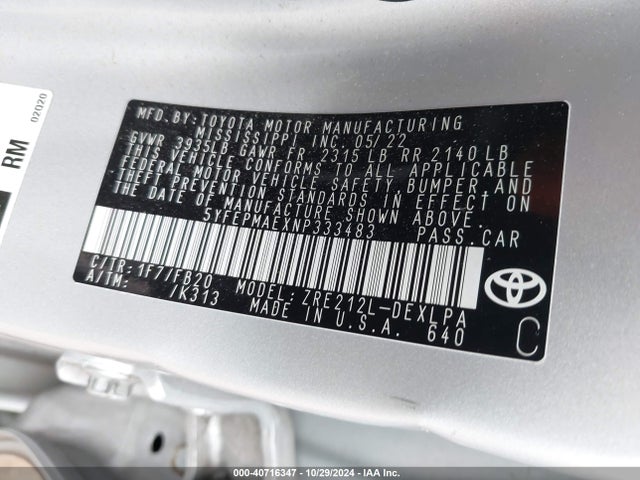 Toyota COROLLA LE 2022 5YFEPMAEXNP333483 Image 9