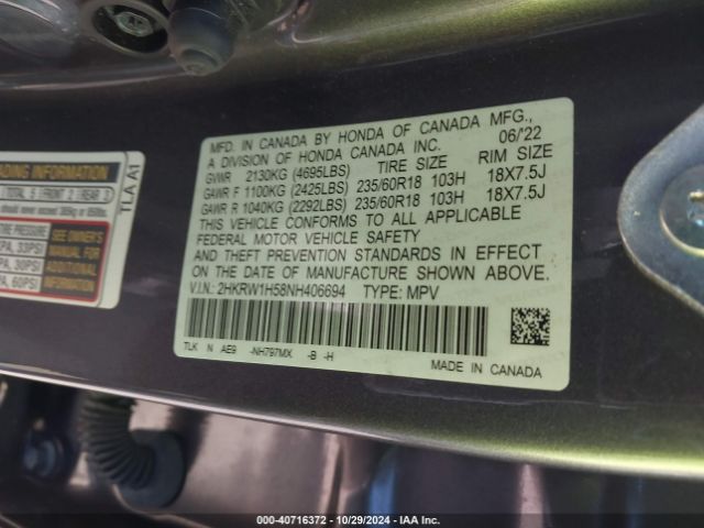 2HKRW1H58NH406694 Honda Cr-v 2wd Ex