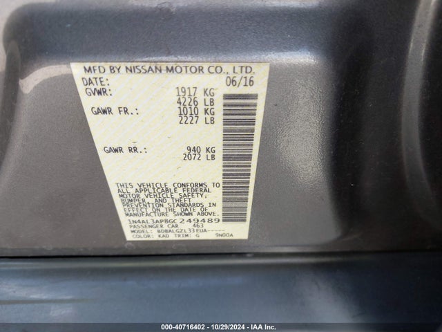 Nissan Altima 2.5/2.5 S/2.5 Sl/2.5 Sr/2.5 Sv 2016 1N4AL3AP8GC249489 Image 9