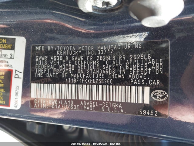 Toyota CAMRY XLE 2017 4T1BF1FKXHU755260 Image 9