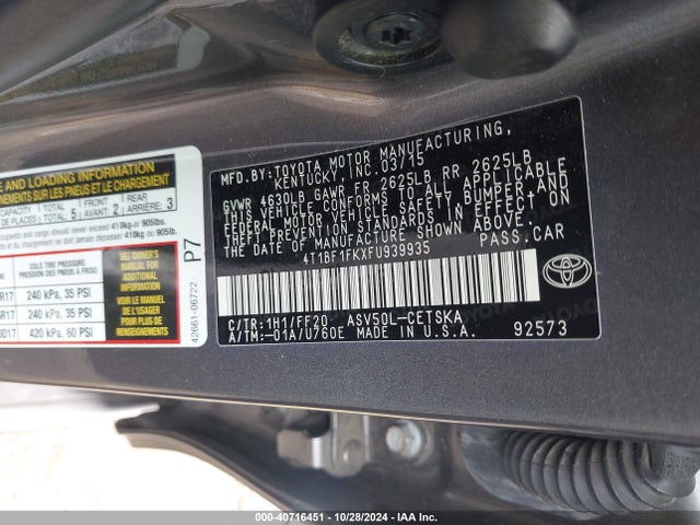 Toyota CAMRY SE 2015 4T1BF1FKXFU939935 Image 9