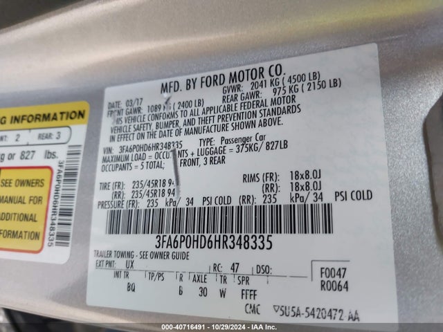 Ford FUSION SE 2017 3FA6P0HD6HR348335 Image 9
