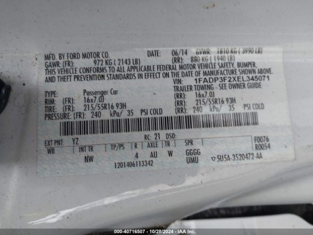 1FADP3F2XEL345071 Ford FOCUS SE