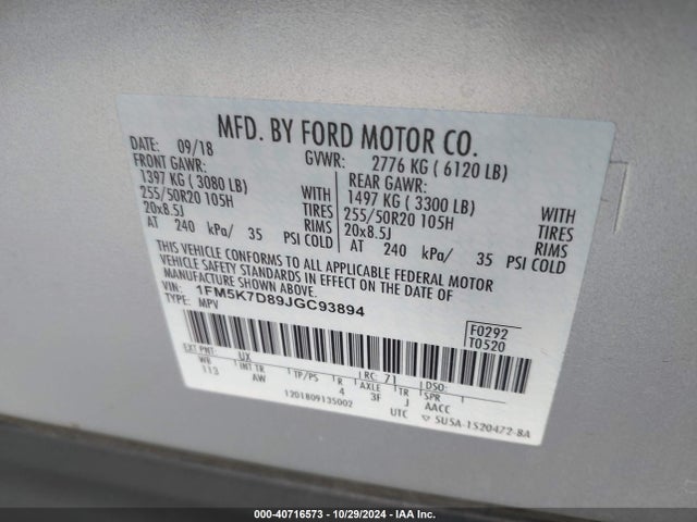 Ford EXPLORER XLT 2018 1FM5K7D89JGC93894 Image 9