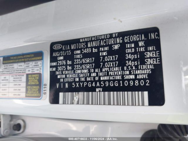 5XYPG4A59GG109802 KIA Sorento 3.3l Lx
