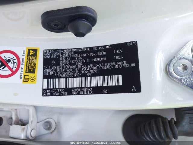 5TDZARFHXFS014192 Toyota Highlander Le