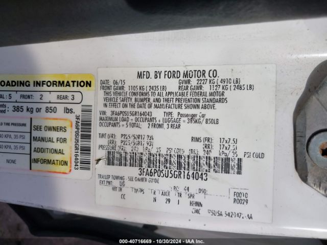 3FA6P0SU5GR164043 Ford Fusion Energi Titanium