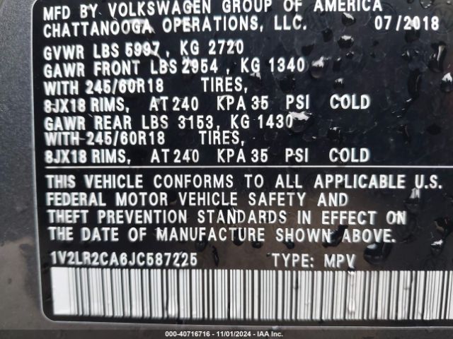 1V2LR2CA6JC587225 Volkswagen Atlas 3.6l V6 Se/3.6l V6 Se W/technology