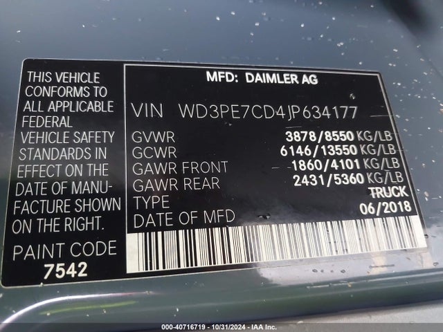 WD3PE7CD4JP634177 Mercedes-Benz Sprinter 2500 Standard Roof V6