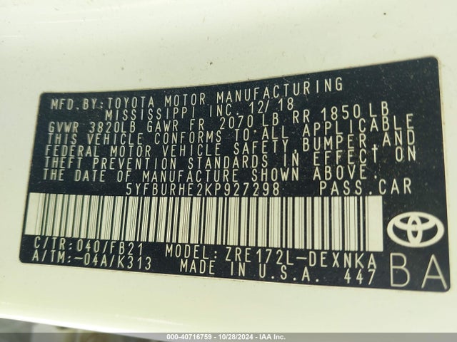 Toyota COROLLA LE 2019 5YFBURHE2KP927298 Image 9