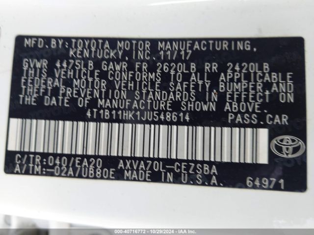 4T1B11HK1JU548614 Toyota CAMRY SE