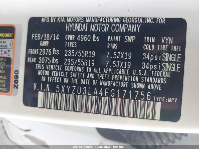 5XYZU3LA4EG171756 Hyundai Santa Fe Sport 2.0l Turbo