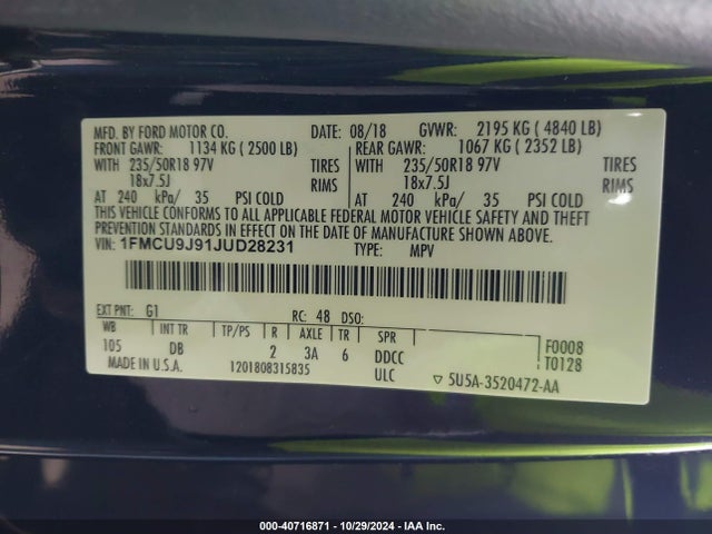 Ford Escape Titanium 2018 1FMCU9J91JUD28231 Image 9